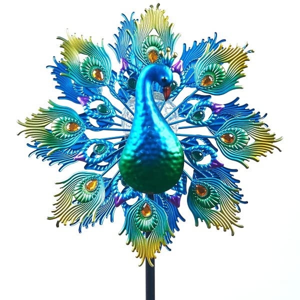 Foooqu Wind Spinner 15 inch Dia 64 inch Peacock Wind Outdoor Metal Garden Lawn Yard Patio Decoration Weather Vane for Garden