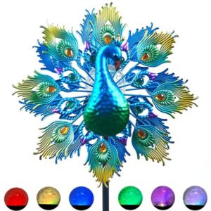 foooqu wind spinner 15 inch dia 64 inch peacock wind outdoor metal garden lawn yard patio decoration weather vane for garden