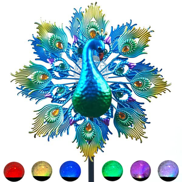 Foooqu Wind Spinner 15 inch Dia 64 inch Peacock Wind Outdoor Metal Garden Lawn Yard Patio Decoration Weather Vane for Garden