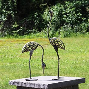 seraphic cast iron garden decor crane bird statues, rustic bronze, set of 2