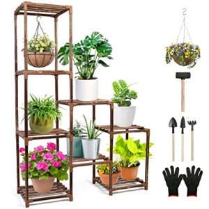 lotfancy plant stand indoor outdoor, large tall wood plant shelf for multiple plants, 3 tiers 8 potted plant display rack garden flower shelves for living room patio corner balcony office