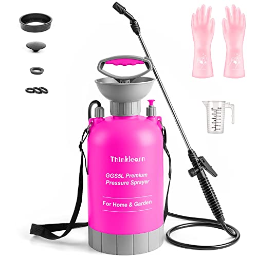 Pump Sprayer Set 1.35 Gallon, ThinkLearn Pressure Sprayer in Lawn & Garden, with Gloves, Measuring Cup and Spare Parts, Portable Hand Sprayer for Yard, Plant Water and Cleaning, 5L Pink