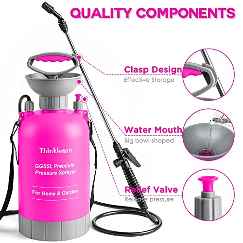 Pump Sprayer Set 1.35 Gallon, ThinkLearn Pressure Sprayer in Lawn & Garden, with Gloves, Measuring Cup and Spare Parts, Portable Hand Sprayer for Yard, Plant Water and Cleaning, 5L Pink