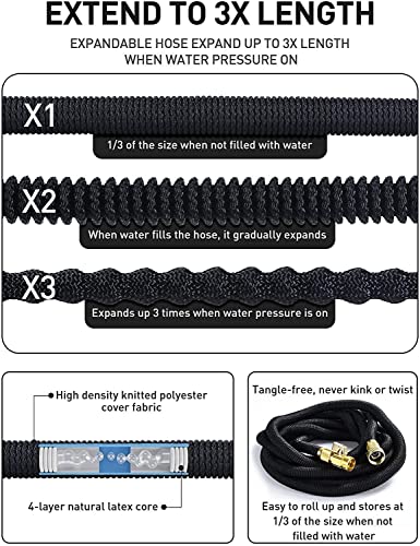 PEISONGFEI Garden Expandable Hose with 8 Function Hose Nozzle, Lightweight Anti-Kink Flexible Garden Hoses, Extra Strength Fabric with Double Latex Core 50 FT, Black