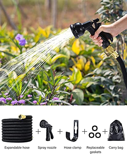 PEISONGFEI Garden Expandable Hose with 8 Function Hose Nozzle, Lightweight Anti-Kink Flexible Garden Hoses, Extra Strength Fabric with Double Latex Core 50 FT, Black