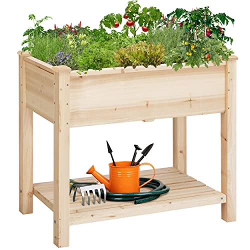 Yaheetech Raised Garden Bed Planter Box with Legs & Storage Shelf Wooden Elevated Vegetable Growing Bed for Flower/Herb/Backyard/Patio/Balcony 34x18x30in