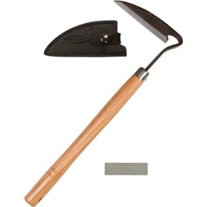 truly garden sickle style hand weeder tool with thick leather sheath and sharpening stone