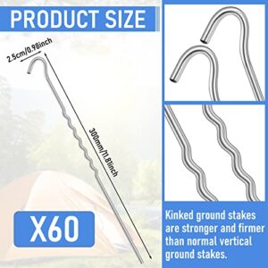 60 Pcs Kinked Metal Tent Stakes 12 Inch Metal Garden Edging Fence Hooks Pegs Dog Dig Proof Yard Stakes Spikes Heavy Duty Galvanized Ground Stakes Spikes Long Tent Pegs for Outdoor Camping Canopy Tarp