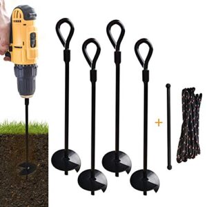 mixxidea 15 inch 4 pack ground anchor stakes, dual-purpose heavy duty metal earth augers for tents, canopies, trampoline sheds, car ports, swing sets, small buildings (black-4 pack)