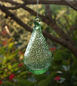artisan crafts and design 7” glow in the dark hand-blown teardrop glass ornament indoor and outdoor garden decor