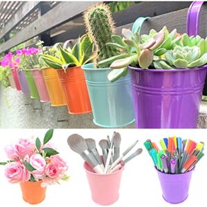 lalagreen hanging flower pots – 10 pack, 6 inch hanging railing planter, wall herb garden, balcony fence rail outside, outdoor colorful metal plant bucket deck patio porch decor macetas colgante