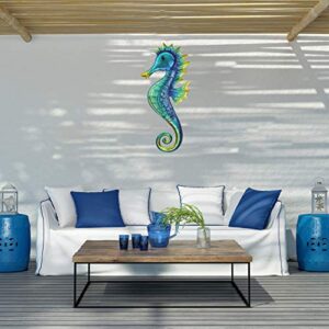 JOYBee 18inch Metal Large Seahorse Wall Art Decor,Christmas Decorations,Bathroom Ocean Glass Art Outdoor Hanging Beach Theme Decorations Blue Sea Life Sculpture For Outdoor Indoor Kitchen Garden Patio,Porch or Fence