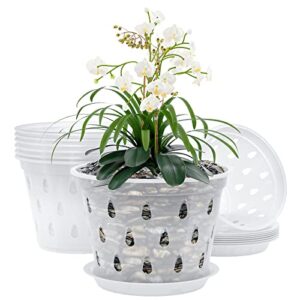 aahggba orchid pot, 7 inch 8 pack orchid pots with drainage holes and saucers clear plastic orchid pots provide good air circulation garden planters pots for indoor and outdoor use