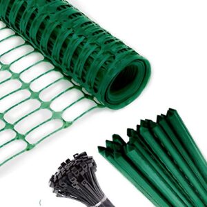 safety fence + 25 steel plant stakes, extra strength mesh snow fencing, temporary green plastic garden netting 4×100 feet fence & 25, 4 foot stakes, above ground barrier for construction dogs plants