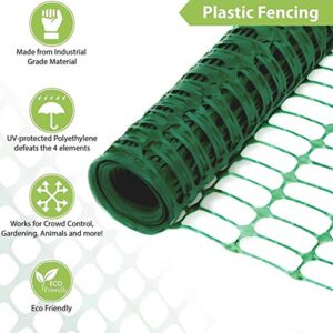 Safety Fence + 25 Steel Plant Stakes, Extra Strength Mesh Snow Fencing, Temporary Green Plastic Garden Netting 4x100 Feet Fence & 25, 4 Foot Stakes, Above Ground Barrier for Construction Dogs Plants