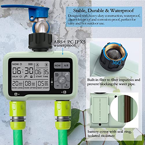 SOGUYI Hose Timer,Automatic Watering Timer for Gardens,Sprinkler Timer with Rain Delay / Child Lock /IP65 Waterproof, Large LCD Screen Irrigation Systems for Garden, Lawn, 2 Zones