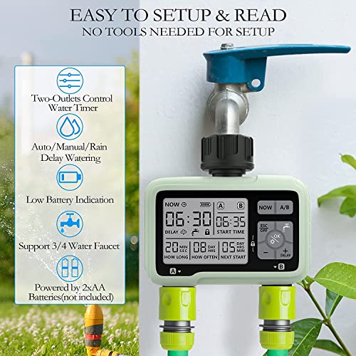 SOGUYI Hose Timer,Automatic Watering Timer for Gardens,Sprinkler Timer with Rain Delay / Child Lock /IP65 Waterproof, Large LCD Screen Irrigation Systems for Garden, Lawn, 2 Zones