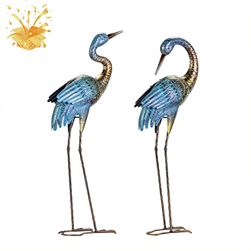 Natelf Garden Crane Statues Outdoor, Standing Blue Heron Decoy Sculptures, Metal Bird Yard Art for Lawn Patio Backyard Decoration(Set of 2)