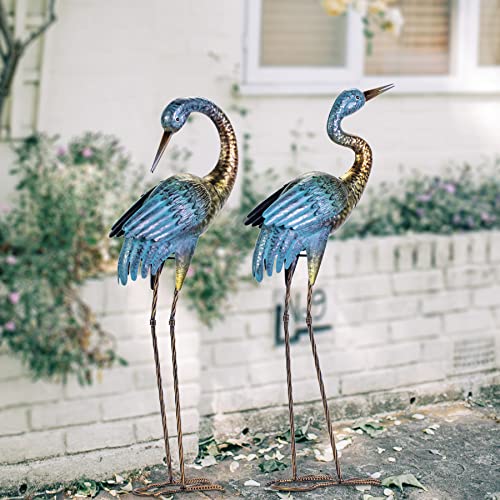 Natelf Garden Crane Statues Outdoor, Standing Blue Heron Decoy Sculptures, Metal Bird Yard Art for Lawn Patio Backyard Decoration(Set of 2)