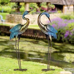 Natelf Garden Crane Statues Outdoor, Standing Blue Heron Decoy Sculptures, Metal Bird Yard Art for Lawn Patio Backyard Decoration(Set of 2)