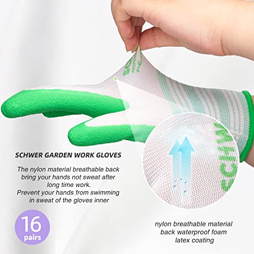 Schwer 16 Pairs Gardening Gloves for Women Breathable Work Gloves Garden Gloves with Powerful Grip, Universal Size M fits Most, Suitable for Multi-purposes