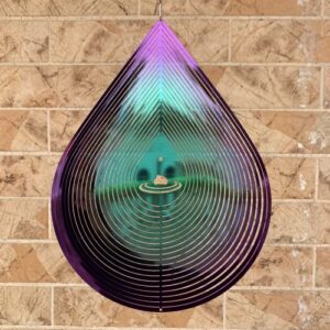 kexsscai wind spinner garden indoor outdoor decor 3d stainless steel metal hanging decorations, 3d water droplets pattern metal wind sculptures & spinners whirligig gifts with 12inch(green&purple)