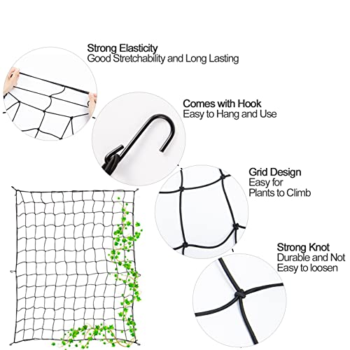 Trellis Net for Climbing Plants - Stretch to 5x5ft Elastic Grow Tent Scrog Net with 6 Hooks, Flexible Trellises Plant Growing Netting for Outdoor Garden Balcony Yard Plants