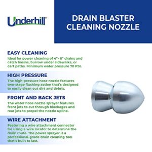 Underhill Drain Blaster Hose Cleaner Nozzle, Sewer Jetter, Washer, High Pressure Hose Attachment Tip, 70 PSI, 3/4-Inch Female Hose Thread Inlet, DN-75