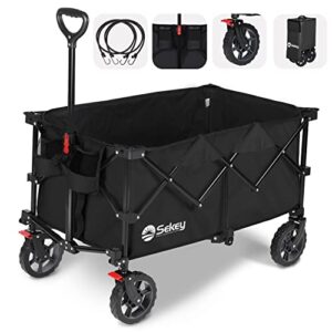 sekey collapsible foldable wagon with 220lbs weight capacity, heavy duty folding utility garden cart with big all-terrain beach wheels & drink holders. black