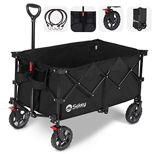 Sekey Collapsible Foldable Wagon with 220lbs Weight Capacity, Heavy Duty Folding Utility Garden Cart with Big All-Terrain Beach Wheels & Drink Holders. Black