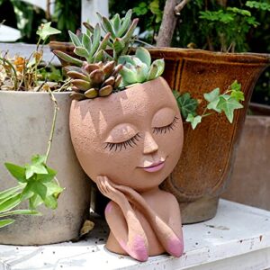 umesong smiley face flower pot head planter for indoor outdoor planter resin head planter pot with drainage hole two hand hold cute face succulent pots with closed eyes for garden planter (dark)