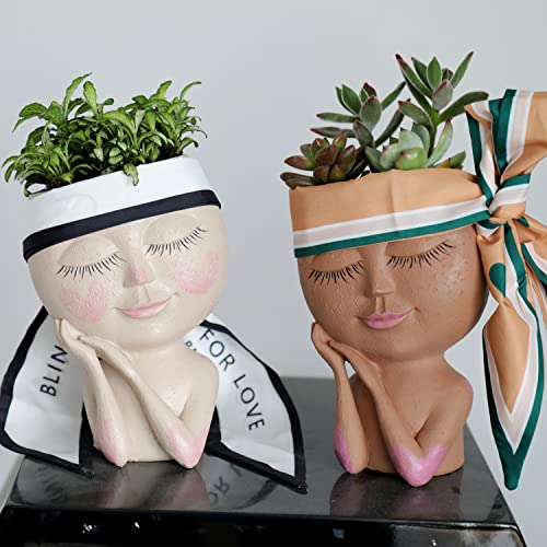 UMESONG Smiley Face Flower Pot Head Planter for Indoor Outdoor Planter Resin Head Planter Pot with Drainage Hole Two Hand Hold Cute Face Succulent Pots with Closed Eyes for Garden Planter (Dark)