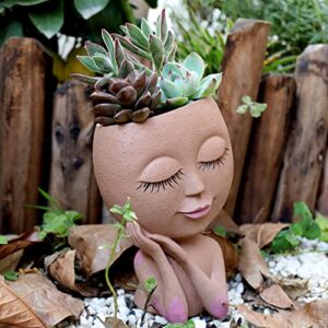 UMESONG Smiley Face Flower Pot Head Planter for Indoor Outdoor Planter Resin Head Planter Pot with Drainage Hole Two Hand Hold Cute Face Succulent Pots with Closed Eyes for Garden Planter (Dark)