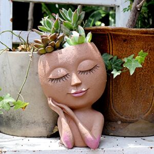 UMESONG Smiley Face Flower Pot Head Planter for Indoor Outdoor Planter Resin Head Planter Pot with Drainage Hole Two Hand Hold Cute Face Succulent Pots with Closed Eyes for Garden Planter (Dark)