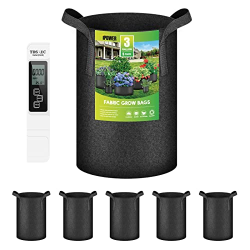 iPower 5-Pack 3 Gallon Grow Bags Nonwoven Fabric Pots Aeration Container with Free 3 in 1 TDS & EC & Temperature Meter, for Garden and Plant Care