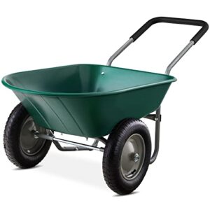 best choice products dual-wheel home utility yard wheelbarrow garden cart w/built-in stand for lawn, gardening, grass, soil, bricks, and construction, green