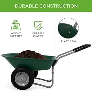 Best Choice Products Dual-Wheel Home Utility Yard Wheelbarrow Garden Cart w/Built-in Stand for Lawn, Gardening, Grass, Soil, Bricks, and Construction, Green