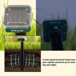 NIKAND Solar Mole Repellent Ultrasonic 4 Pack Outdoor Powered Sonic Deterrent - Mole Stopper Scare Vole for Lawn Garden Yard Home - Groundhog Repeller Snake Rodent Gopher Spikes Chaser Pest (4 Pack)