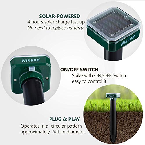 NIKAND Solar Mole Repellent Ultrasonic 4 Pack Outdoor Powered Sonic Deterrent - Mole Stopper Scare Vole for Lawn Garden Yard Home - Groundhog Repeller Snake Rodent Gopher Spikes Chaser Pest (4 Pack)