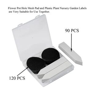 90 Pcs 4 Inch White Waterproof Plant Labels Plastic Nursery Garden Plant Tags and 120Pcs 2 Inch Flower Pot Hole Mesh Pad Kits, Pot Marker Garden Stake Tags, Round Bonsai Bottom Grid Mat Mesh