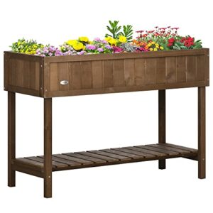 outsunny wooden raised garden bed with 8 slots, elevated planter box stand with open shelf for limited garden space to grow herbs, vegetables, and flowers, dark brown