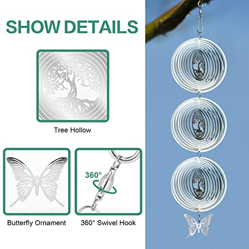 Wind Spinners,18in 3D Stainless Steel Hanging Outdoor Wind Spinner with Butterfly Pendant and 2 Pcs 360° Rotating Hook, Lawn Art Decor for Outside Yard and Garden (1 Pack)