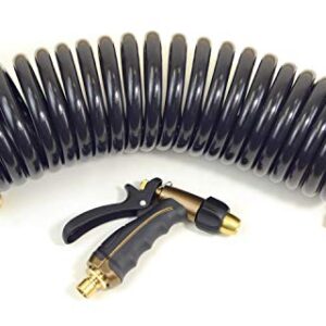 Olmsted Forge Hose Kit, 2 pcs: 1/2" ID x 25' HP Quality Coiled Hose (Charcoal Gray) with 2 Flex Reliefs & Metal Body Nozzle