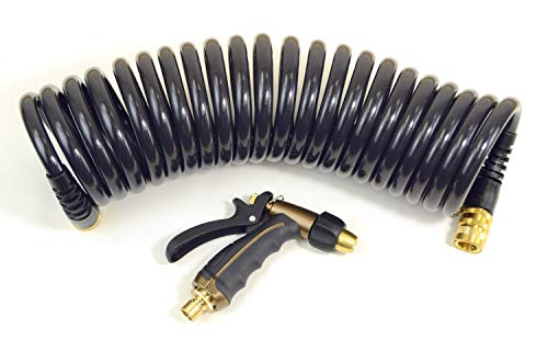 Olmsted Forge Hose Kit, 2 pcs: 1/2" ID x 25' HP Quality Coiled Hose (Charcoal Gray) with 2 Flex Reliefs & Metal Body Nozzle