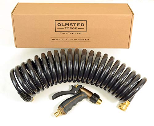 Olmsted Forge Hose Kit, 2 pcs: 1/2" ID x 25' HP Quality Coiled Hose (Charcoal Gray) with 2 Flex Reliefs & Metal Body Nozzle