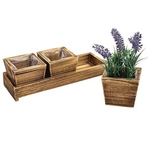 mygift countertop herb garden container, rustic brown wood planter box succulent/flower pot set with decorative bottom tray and plastic liner