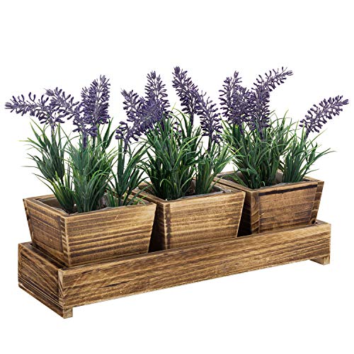 MyGift Countertop Herb Garden Container, Rustic Brown Wood Planter Box Succulent/Flower Pot Set with Decorative Bottom Tray and Plastic Liner