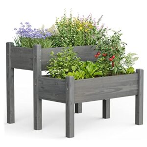 giantex set of 2 raised garden bed, elevated wood planter box, raised bed kit for flowers vegetables fruits herbs outdoor planting container patio, balcony, yard (gray)