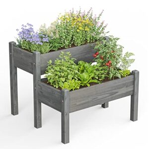 Giantex Set of 2 Raised Garden Bed, Elevated Wood Planter Box, Raised Bed Kit for Flowers Vegetables Fruits Herbs Outdoor Planting Container Patio, Balcony, Yard (Gray)