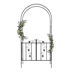 outdoor metal garden arbor decorative steel garden trellis arch stand with gate, 8’h x 3.6’w, black